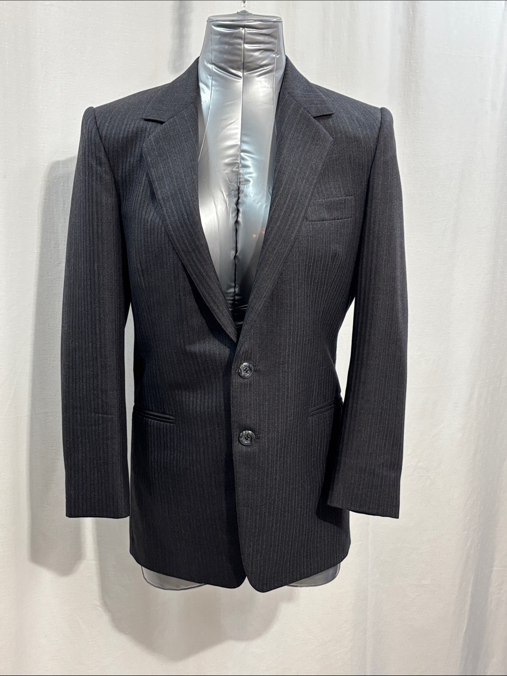 Classic Women's Charcoal Pinstripe Two-Button Blazer Office work corporate chic